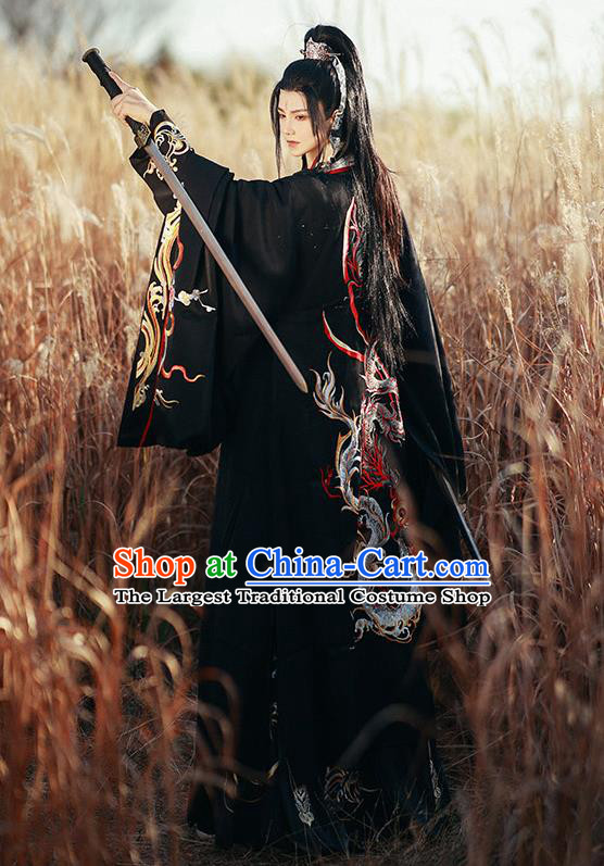 Chinese Traditional Embroidered Hanfu Robe Jin Dynasty Young Childe Garment Costumes Ancient Swordsman Black Clothing