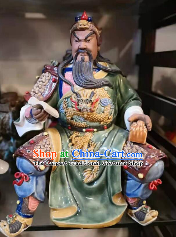 Chinese Shi Wan Ceramic Figurine Guan Yu Porcelain Statue Arts Handmade Guan Gong Night Reading Sculpture
