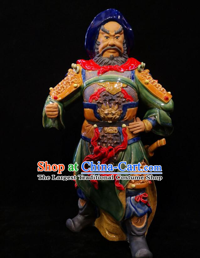 Handmade Zhou Cang Sculpture Chinese Shi Wan Ceramic Figurine Guan Yu Guardian Porcelain Statue Arts