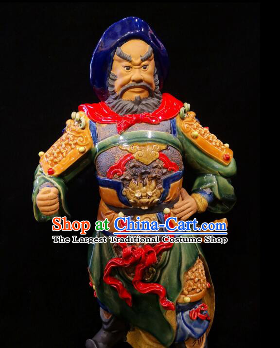 Handmade Zhou Cang Sculpture Chinese Shi Wan Ceramic Figurine Guan Yu Guardian Porcelain Statue Arts
