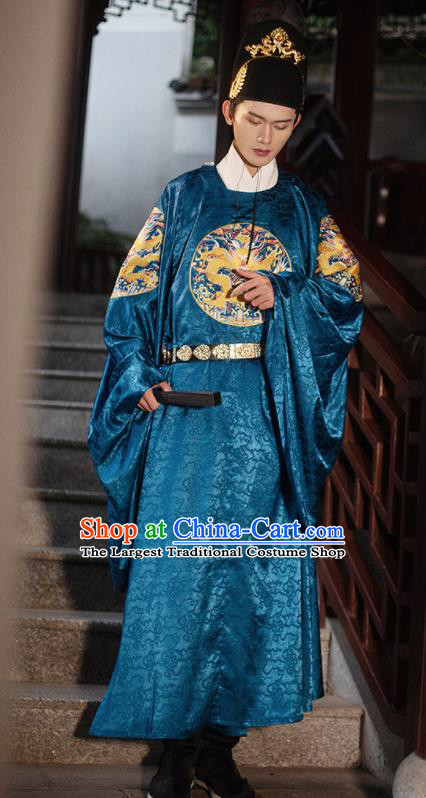 China Ming Dynasty Emperor Garment Costumes Ancient Embroidered Dragon Blue Robe Traditional Hanfu Clothing
