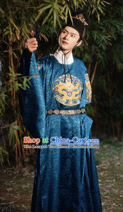 China Ming Dynasty Emperor Garment Costumes Ancient Embroidered Dragon Blue Robe Traditional Hanfu Clothing