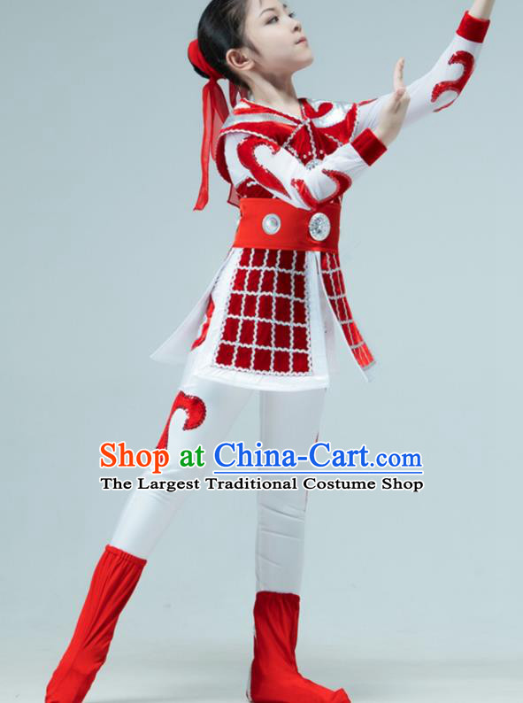 Chinese Stage Performance Costume Hua Mulan Dance Red Outfit Classical Dance Garment Children Warrior Dance Clothing
