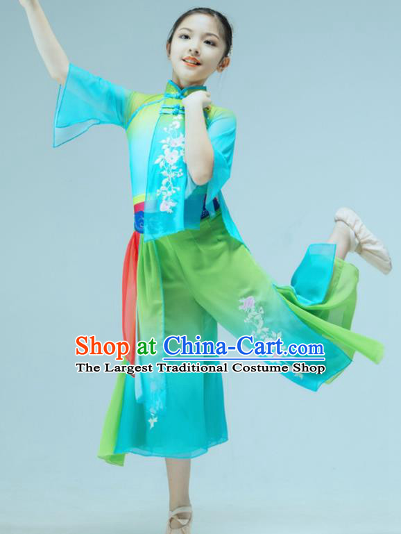Chinese Yangko Dance Garment Children Dance Clothing Stage Performance Costume Folk Dance Green Outfit