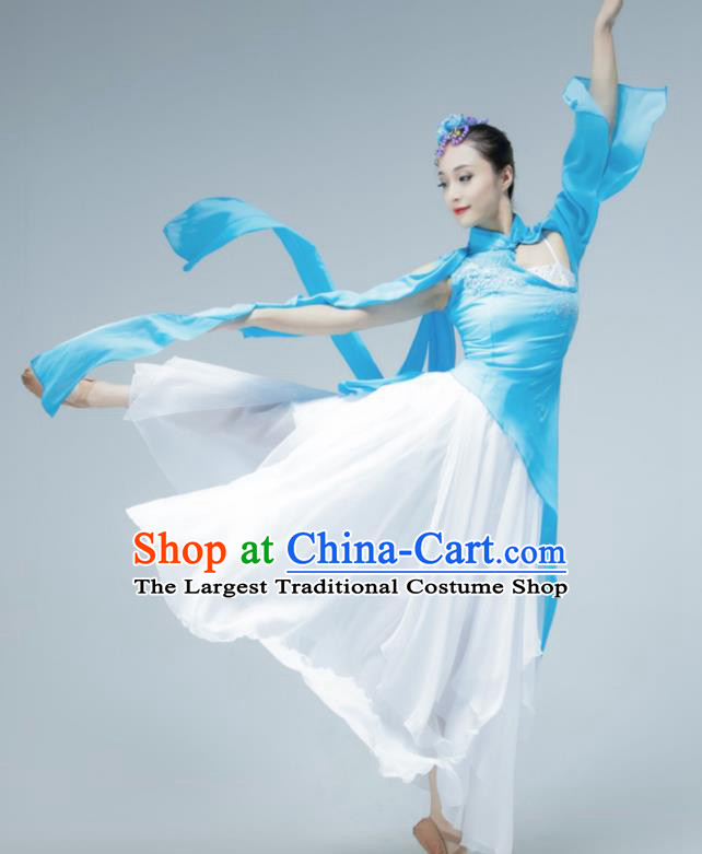 Chinese Stage Performance Costume Classical Dance Blue Dress Women Group Dance Garment Fan Dance Clothing