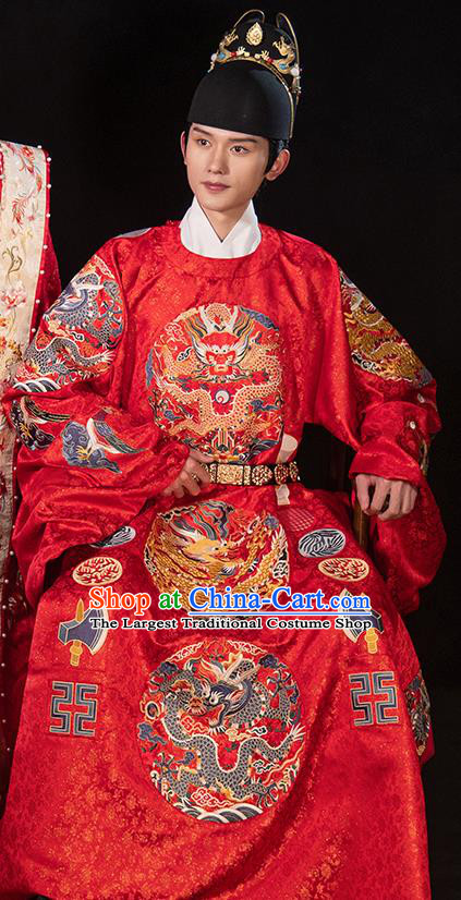 Chinese Embroidered Hanfu Wedding Robe Outfits Ming Dynasty Groom Garment Costumes Ancient Emperor Clothing