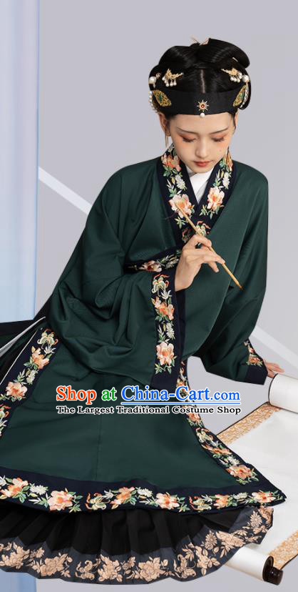 Chinese Traditional Historical Costumes Ming Dynasty Noble Woman Clothing Ancient Countess Dark Green Long Gown and Skirt Complete Set