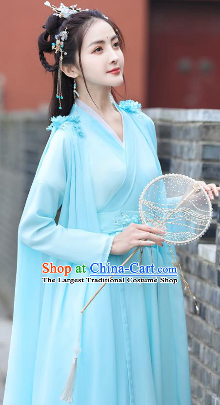 Chinese Ancient Princess Blue Dress Clothing Traditional Costume Drama Fairy Garment
