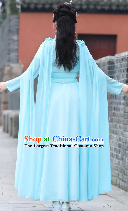 Chinese Ancient Princess Blue Dress Clothing Traditional Costume Drama Fairy Garment