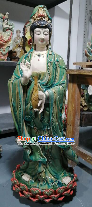 Chinese Mother Buddha Porcelain Arts Handmade Shi Wan Guan Yin Ceramic Figurine  inches Green Guanyin Statue