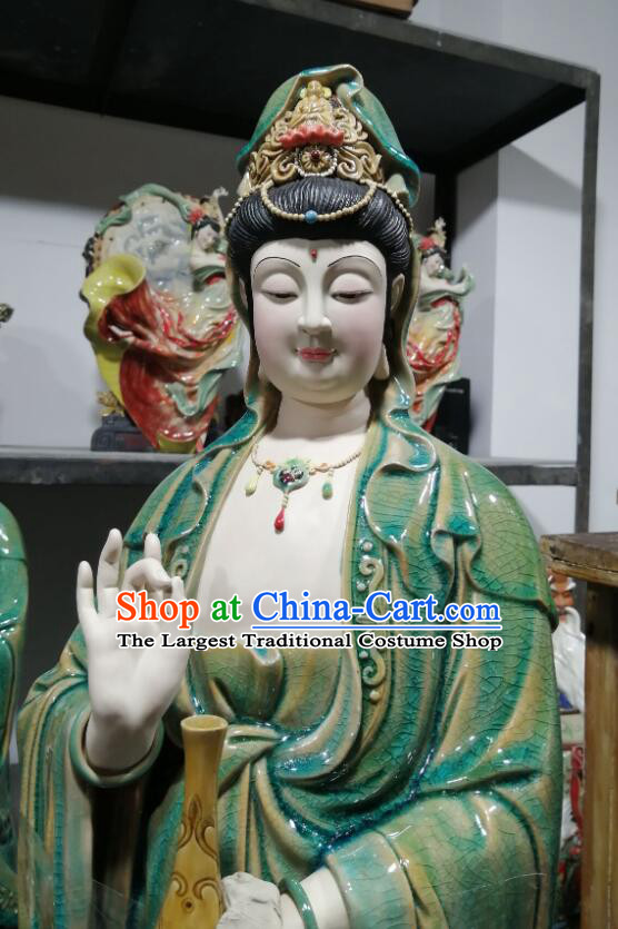 Chinese Mother Buddha Porcelain Arts Handmade Shi Wan Guan Yin Ceramic Figurine  inches Green Guanyin Statue