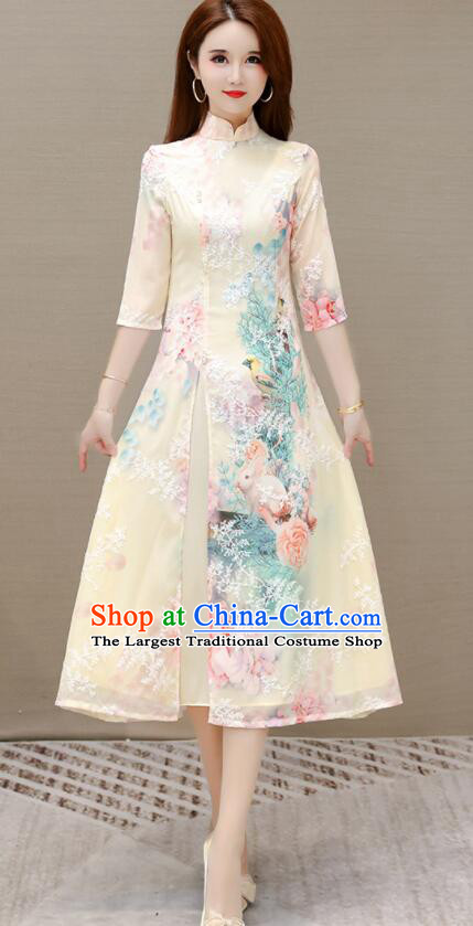 Chinese Embroidered Dress Aodai Qipao Traditional Apricot Cheongsam