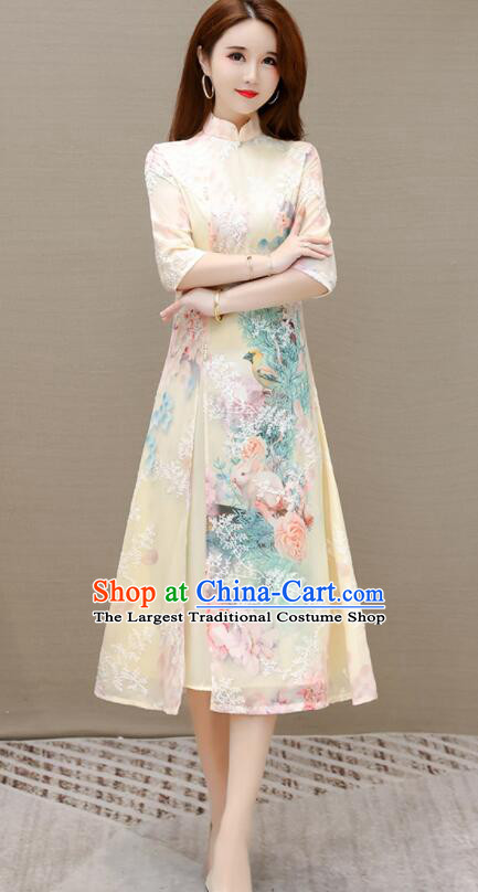 Chinese Embroidered Dress Aodai Qipao Traditional Apricot Cheongsam