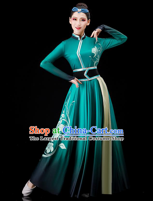 Chinese Stage Performance Clothing Mongol Nationality Dance Green Dress Ethnic Dance Costume