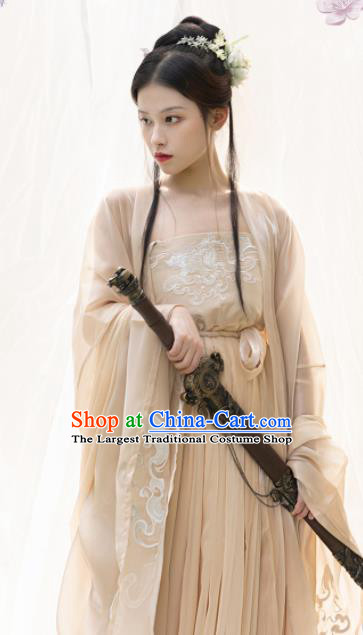 Chinese Ancient Palace Princess Apricot Dress Tang Dynasty Garment Costumes Traditional Embroidered Hanfu Clothing