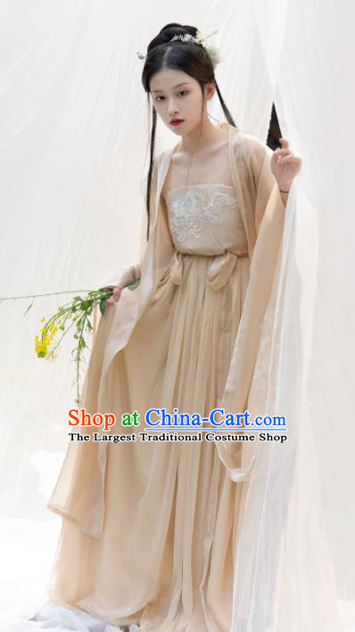 Chinese Ancient Palace Princess Apricot Dress Tang Dynasty Garment Costumes Traditional Embroidered Hanfu Clothing