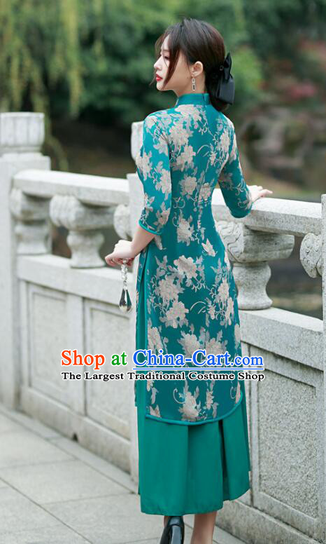 Chinese Traditional Green Cheongsam Middle Sleeve Dress Aodai Qipao