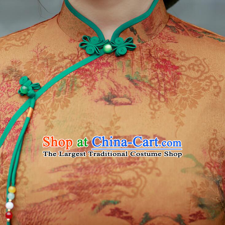 Chinese Aodai Qipao Traditional Gambiered Guangdong Gauze Cheongsam Middle Sleeve Dress