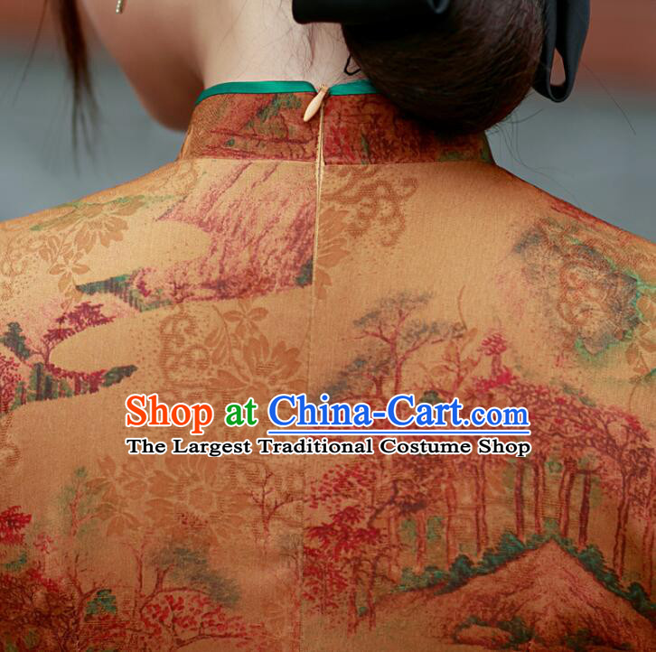 Chinese Aodai Qipao Traditional Gambiered Guangdong Gauze Cheongsam Middle Sleeve Dress