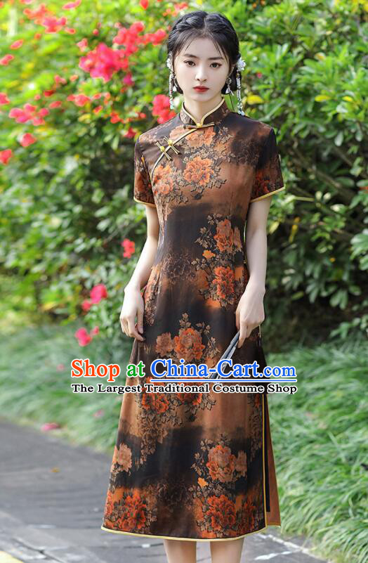 Chinese Aodai Qipao Traditional Brown Dress Classical Gambiered Guangdong Gauze Cheongsam