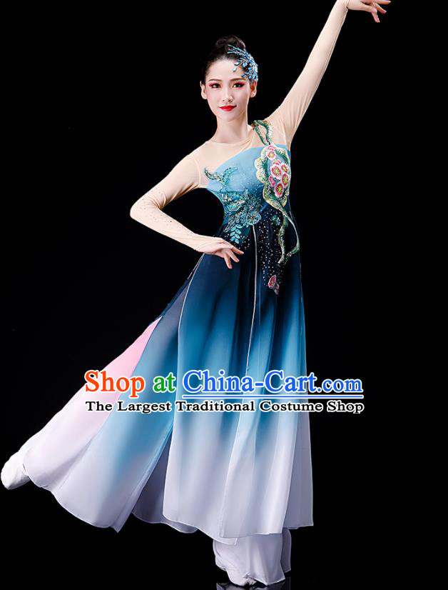 Chinese Umbrella Dance Blue Dress Classical Dance Costume Stage Performance Clothing