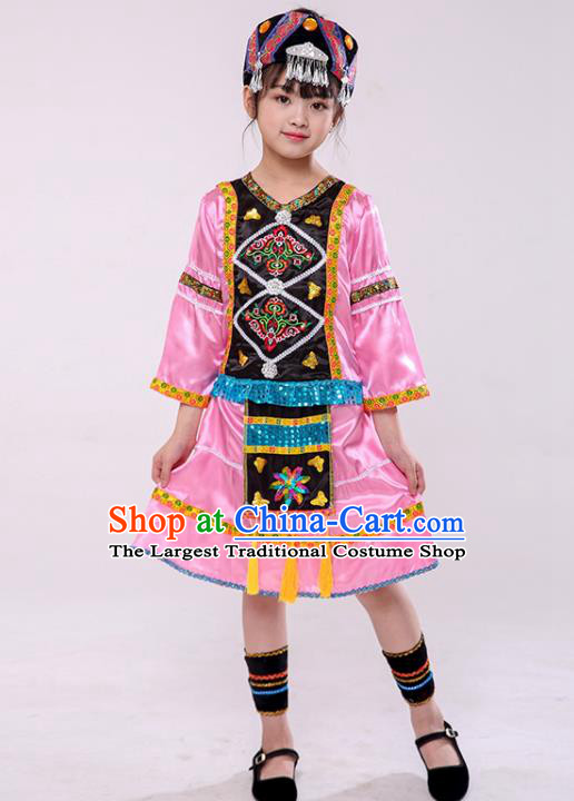 Chinese Yugu Nationality Girl Pink Dress Outfit Ethnic Dance Garment Costume Stage Performance Clothing