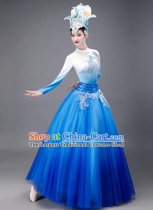 Chinese Opening Dance Stage Performance Costume Women Group Dance Clothing Modern Dance Blue Dress