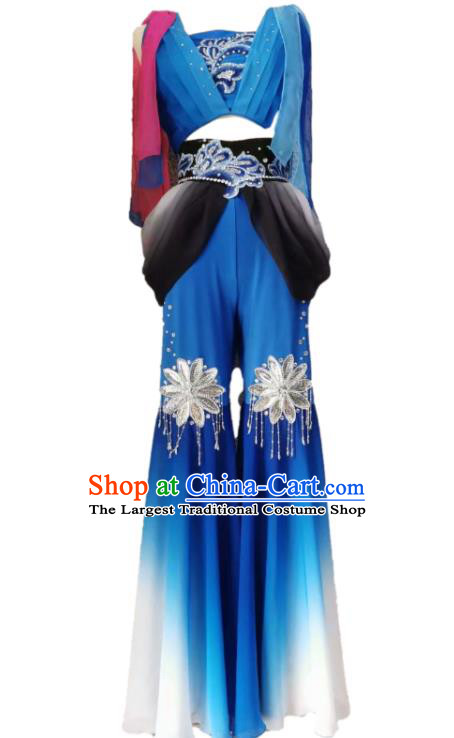 Chinese Dunhuang Stage Performance Deep Blue Outfit Flying Apsaras Dance Garment Costumes Classical Dance Clothing