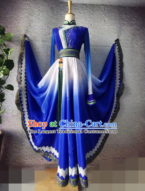 Chinese Mongol Nationality Dance Garment Costume Stage Performance Clothing Mongolian Dance Blue Dress