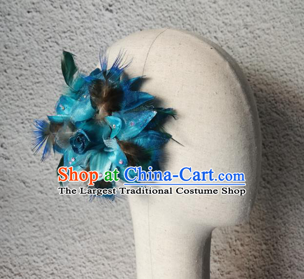 China Stage Performance Headwear Peacock Dance Hair Accessories Pavane Dance Blue Feather Headpiece