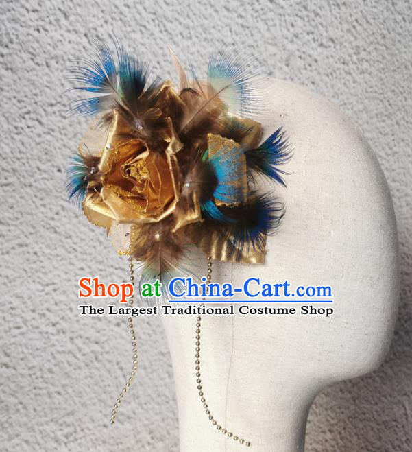 China Pavane Dance Golden Feather Headpiece Stage Performance Headwear Peacock Dance Hair Accessories