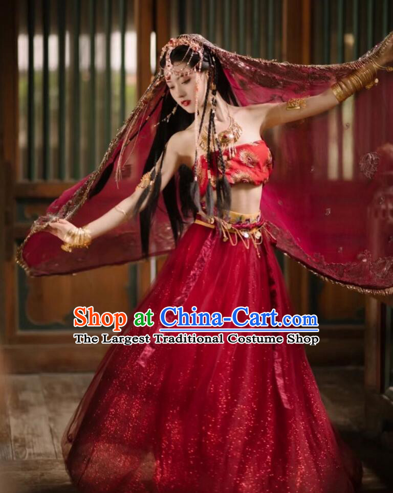 Chinese Tang Dynasty Dance Lady Garment Costumes Ancient Princess Red Dress Clothing and Headdress Complete Set