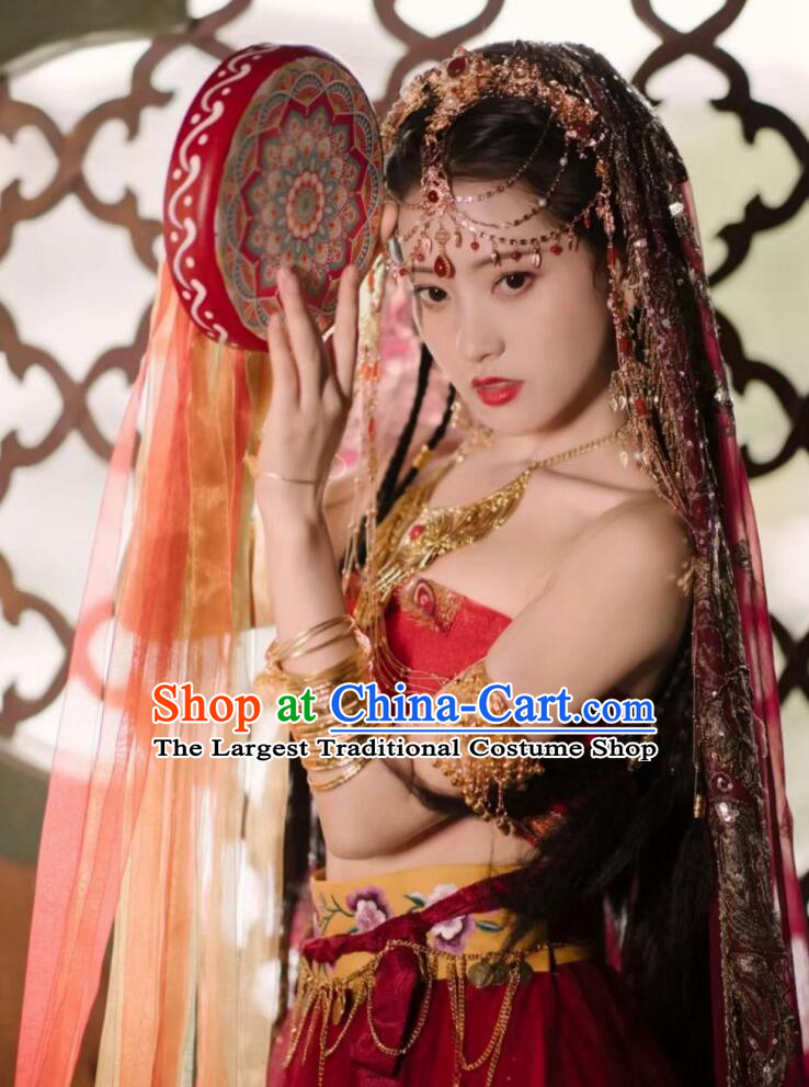 Chinese Tang Dynasty Dance Lady Garment Costumes Ancient Princess Red Dress Clothing and Headdress Complete Set