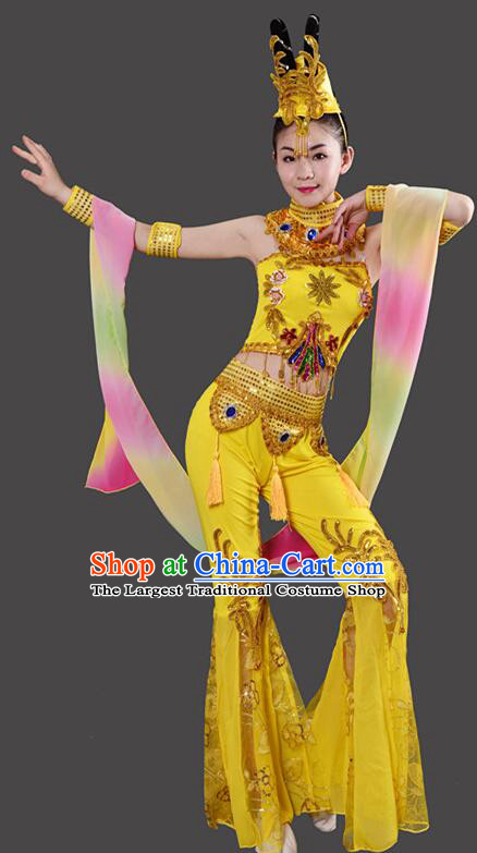 Chinese Handmade Chang E Dance Costume Dun Huang Flying Apsaras Dance Yellow Outfit Classical Dance Clothing