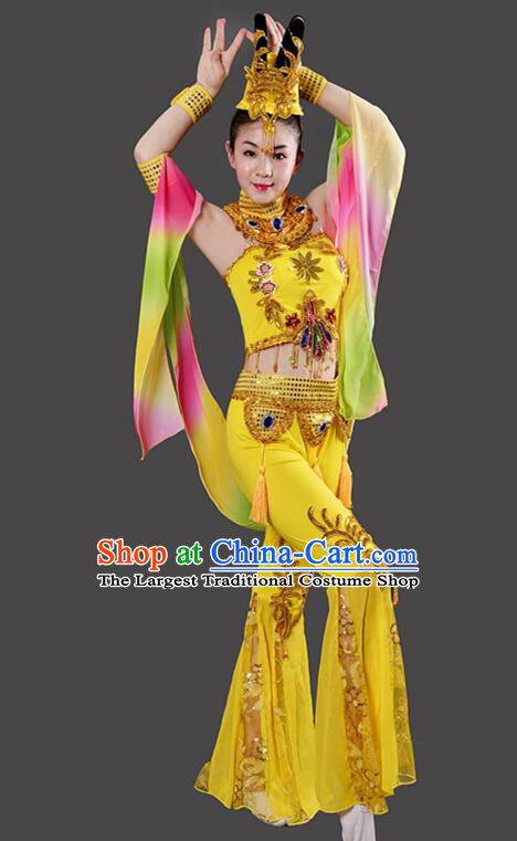 Chinese Handmade Chang E Dance Costume Dun Huang Flying Apsaras Dance Yellow Outfit Classical Dance Clothing