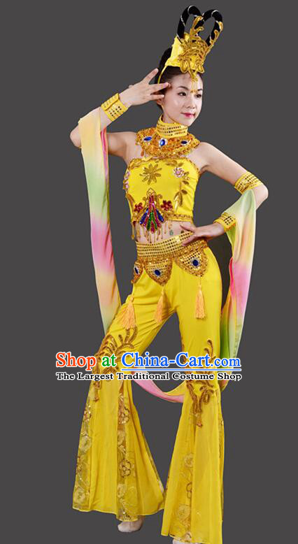 Chinese Handmade Chang E Dance Costume Dun Huang Flying Apsaras Dance Yellow Outfit Classical Dance Clothing