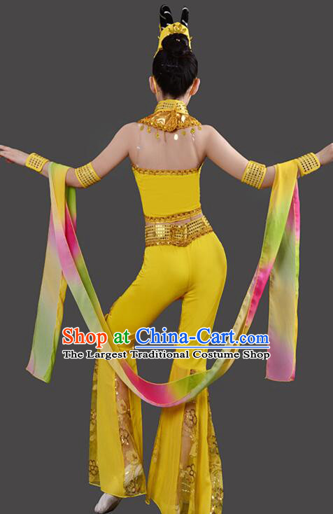 Chinese Handmade Chang E Dance Costume Dun Huang Flying Apsaras Dance Yellow Outfit Classical Dance Clothing
