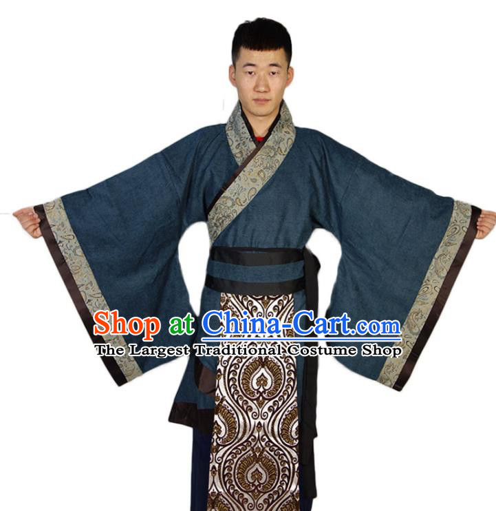 Chinese Traditional Navy Official Robe Ancient Scholar Clothing Han Dynasty Garment Costumes