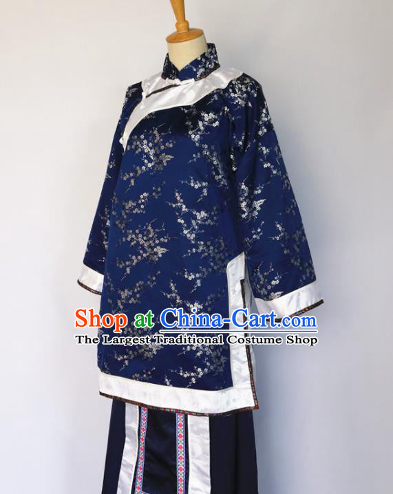 Chinese Ancient Rich Mistress Clothing Late Qing Dynasty Garment Costumes Traditional Noble Woman Dark Blue Outfit