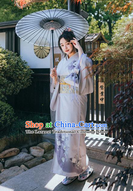 Japan Summer Festival Sakura Yukata Dress Japanese Traditional Garment Printing Lilac Kimono