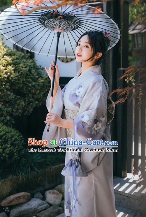 Japan Summer Festival Sakura Yukata Dress Japanese Traditional Garment Printing Lilac Kimono