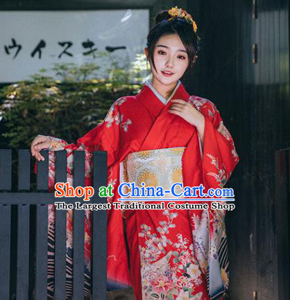 Japan Printing Red Kimono Summer Festival Sakura Yukata Dress Japanese Traditional Garment