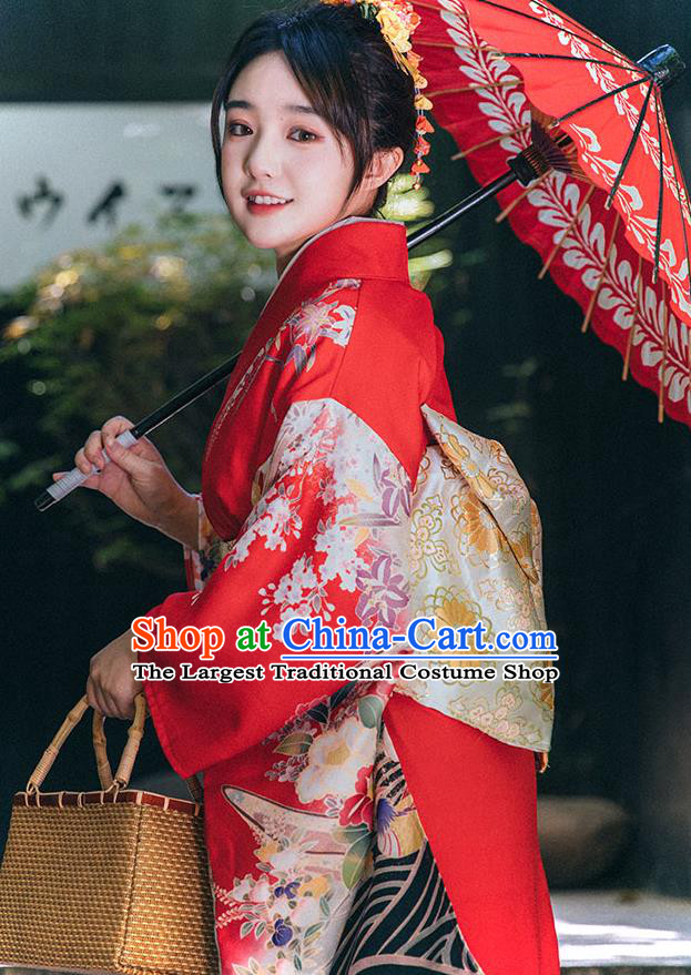 Japan Printing Red Kimono Summer Festival Sakura Yukata Dress Japanese Traditional Garment