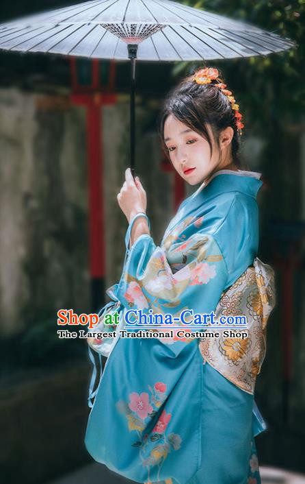Japan Traditional Garment Japanese Blue Kimono Summer Festival Young Lady Yukata Dress