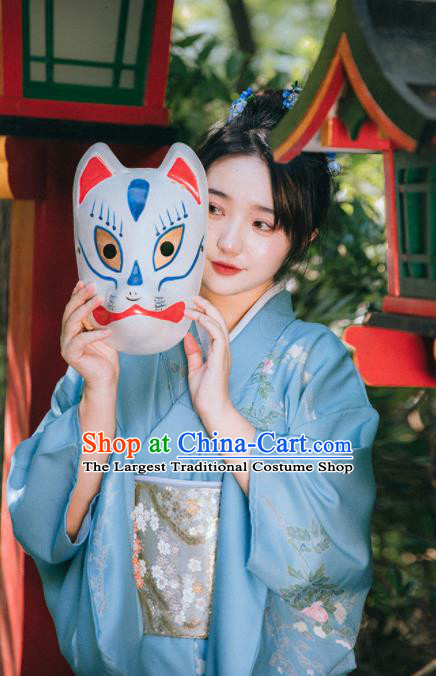 Japanese Traditional Garment Japan Printing Blue Kimono Summer Festival Sakura Yukata Dress