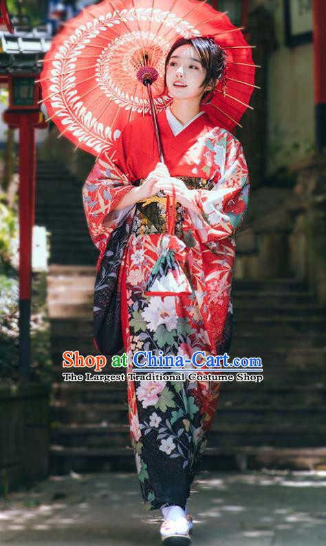 Japanese Summer Festival Sakura Yukata Dress Traditional Garment Japan Red Furisode Kimono