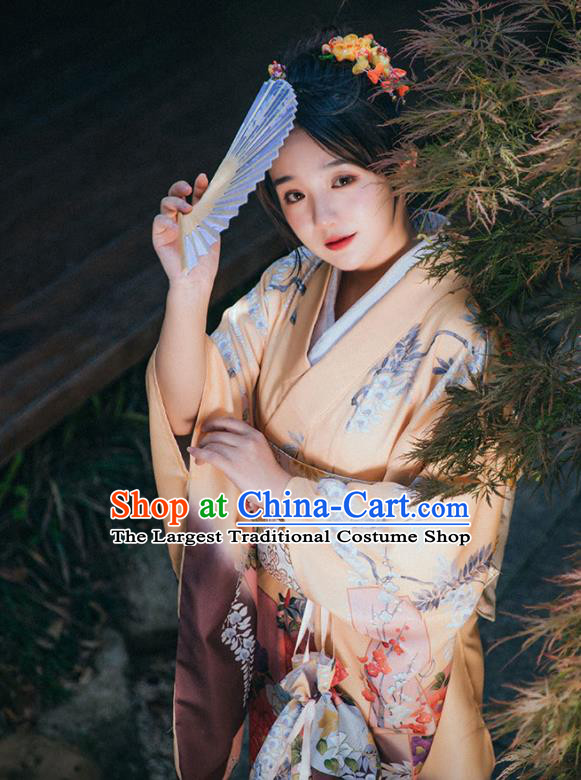 Japan Summer Festival Young Lady Yukata Dress Traditional Garment Japanese Apricot Kimono