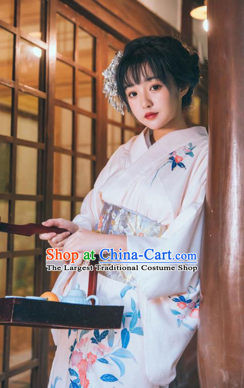Japan Traditional Young Lady Garment White Kimono Japanese Summer Festival Yukata Dress