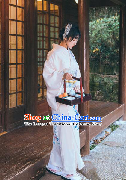 Japan Traditional Young Lady Garment White Kimono Japanese Summer Festival Yukata Dress