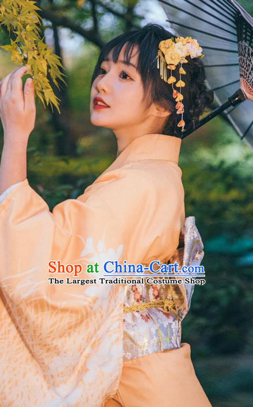 Japan Young Lady Garment Japanese Printing Orange Kimono Traditional Summer Festival Yukata Dress
